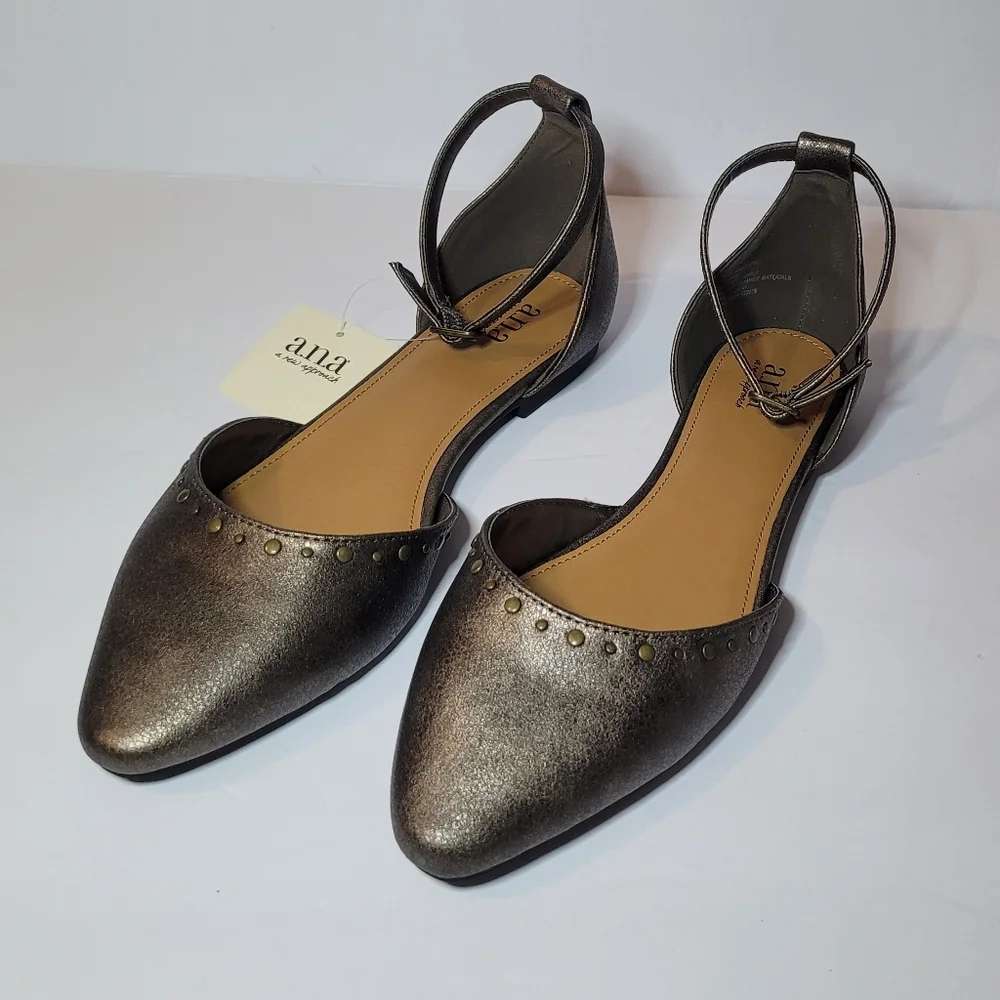 a.n.a Metallic Bronze Ankle Strap Flats Women's Size 9.5